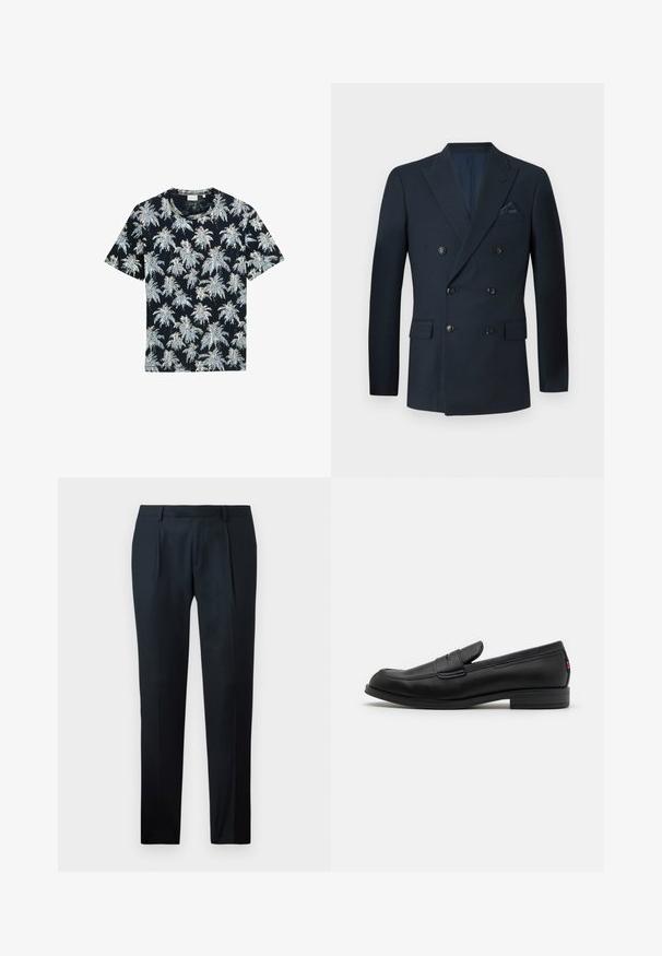 Dobbeltradet navy blazer lavet af tekstureret stof, med seks sorte knapper, to forlommer og en brystlomme med en silke lommetørklæde.; Kortærmet navy T-shirt med et hvidt og lyseblåt palmetræsmønster. Fremstillet af blødt stof med rund hals og afslappet pasform.; Sorte skræddersyede bukser lavet af glat stof, med et slankt snit, to forkert vafler og en flad talje uden synligt hardware.; Sorte læder loafers med en glat finish, rund tå og en lille dekorativ flap. Har en lav stablet hæl og en subtil brandingdetalje.