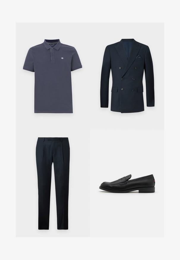 Dobbeltradet navy blazer lavet af tekstureret stof, med seks sorte knapper, to forlommer og en brystlomme med en silke lommetørklæde.; Mørkeblå polo skjorte i bomuldsblanding med en to-knaps lukning, korte ærmer og et lille broderet logo på venstre bryst.; Sorte skræddersyede bukser lavet af glat stof, med et slankt snit, to forkert vafler og en flad talje uden synligt hardware.; Sorte læder loafers med en glat finish, rund tå og en lille dekorativ flap. Har en lav stablet hæl og en subtil brandingdetalje.