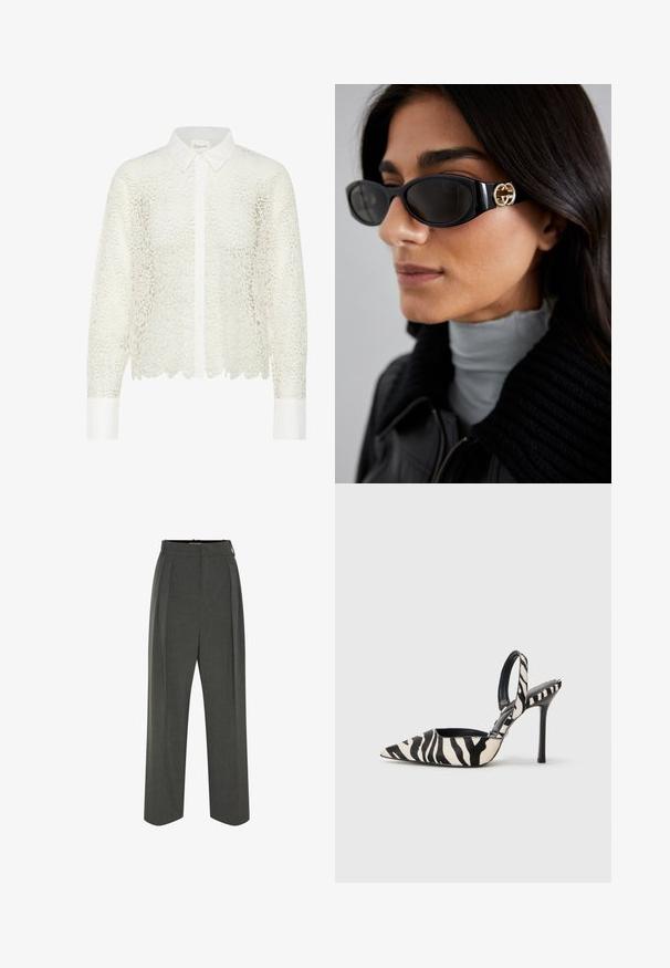 Black and white zebra-striped blazer with a single button closure, two front pockets, and a tailored fit. Smooth fabric texture.; White, floral lace blouse with long sleeves, a collared neckline, and button closure. Features a scalloped hem and contrasting white cuff.; Light beige camisole made of soft fabric, featuring thin adjustable straps and a V-neckline with a slightly relaxed fit.; Gray tailored trousers with a high waist, featuring pleats, a wide leg design, and a smooth texture. Closed with a discreet zipper.; Pointed-toe slingback heel in black and cream zebra print, featuring a slim high heel and open back design with a black interior.; Black sunglasses featuring a sleek rectangular frame with a gold logo accent on the side. Dark lenses and glossy finish are prominent.; Black leather woven tote bag with a slouchy shape and wide shoulder strap. Features a textured, interlaced design with a smooth finish.