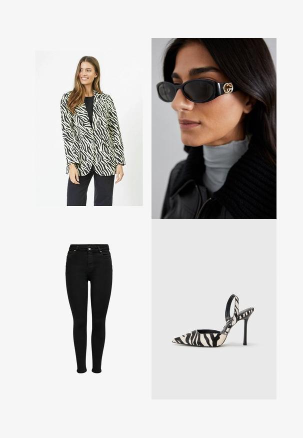 Fekete-fehér csíkos zebranyakú blézer egy gombos záródással, két elülső zsebbel és testre szabott fazonnal. Simább szövet textúra.; Világos bézs színű, puha anyagból készült emeles, vékony állítható pántokkal és enyhén laza, V-kivágással.; Fekete, magas derekú skinny farmernadrág elülső gombbal, övhurkokkal és öt zsebbel, fehér háttér előtt bemutatva.; Fekete és krémszínű zebramintás, hegyes orrú, slingback sarkú cipő, karcsú magas sarokkal és nyitott hátsó résszel, fekete belsővel.; Fekete napszemüveg, sima, téglalap alakú kerettel, arany logóval az oldalon. Sötét lencsék és fényes felület jellemzi.; Fekete bőrből készült szőtt válltáska laza formával és széles vállpánttal. Jellemzője a texturált, összefonódott minta sima felülettel.