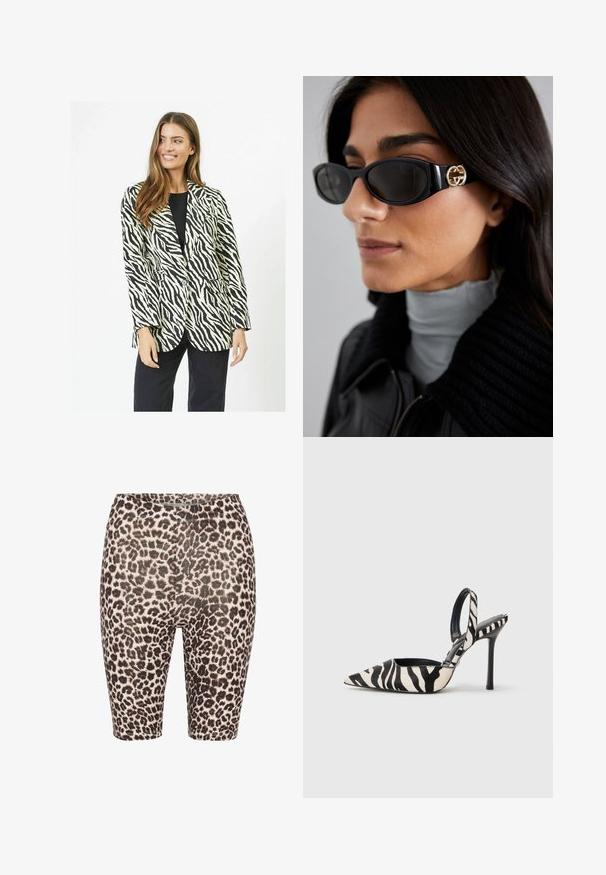 Blazer à rayures zèbre noir et blanc avec une fermeture à un bouton, deux poches avant et une coupe ajustée. Texture de tissu lisse.; Camisole beige clair en tissu doux, avec de fines bretelles réglables et un décolleté en V, offrant une coupe légèrement décontractée.; Shorts de vélo en imprimé léopard avec une palette de couleurs noir et beige, taille élastique et texture lisse. Longueur mi-thigh avec un design ajusté.; Talons aiguilles à bout pointu et bride arrière en imprimé zèbre noir et crème, avec un talon fin et un design ouvert à l'arrière, doté d'un intérieur noir.; Lunettes de soleil noires avec une monture rectangulaire élégante et un accent logo doré sur le côté. Les verres sombres et la finition brillante sont proéminents.; Sac cabas en cuir noir tissé avec une forme décontractée et une large bandoulière. Caractéristiques d'un design texturé et entrelacé avec une finition lisse.