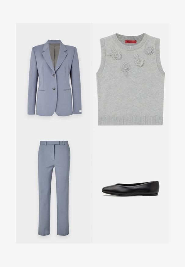 Light blue blazer with a notched collar, two front buttons, and subtle pinstripe detailing. Made from smooth fabric with two side pockets.; Light grey sleeveless sweater with a ribbed neckline and hem. Features three textured floral appliqués on the front. Brand label: MAX&Co.; Light blue trousers made of smooth fabric, featuring a flat front design, belt loops, and a tailored fit with straight legs.; Paul Smith TOPANGA - Ballet pumps - black