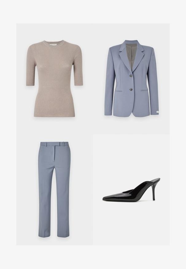 Helles blaues Blazer mit Reverskragen, zwei vorderen Knöpfen und subtilen Nadelstreifen. Hergestellt aus glattem Stoff mit zwei Seitentaschen.; Beige, gerippter Strickoberteil mit kurzen Ärmeln und rundem Halsausschnitt. Hat eine taillierte Form und eine weiche Textur. Keine Muster oder Akzente.; Helle blaue Hose aus glattem Stoff, mit flachem Vorderdesign, Gürtelschlaufen und einer taillierten Passform mit geraden Beinen.; Schwarze Lackleder-Pumps mit hohen Absätzen, spitzer Zehenform und schlanker Silhouette, mit offenem Rücken und schlankem Stiletto-Absatz.