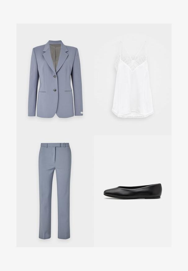 Jasnoniebieski żakiet z klapami, dwoma przednimi guzikami oraz subtelnym wzorem w paski. Wykonany z gładkiego materiału z dwiema bocznymi kieszeniami.; Biała koszulka na ramiączkach z dekoltem w serek, cienkimi ramiączkami, teksturowanymi koronkowymi akcentami na ramionach i zaokrąglonym dołem. Gładka tekstura materiału.; Jasnoniebieskie spodnie wykonane z gładkiego materiału, z płaskim przodem, paskami na pasek oraz dopasowanym krojem z prostymi nogawkami.; Paul Smith TOPANGA czarny