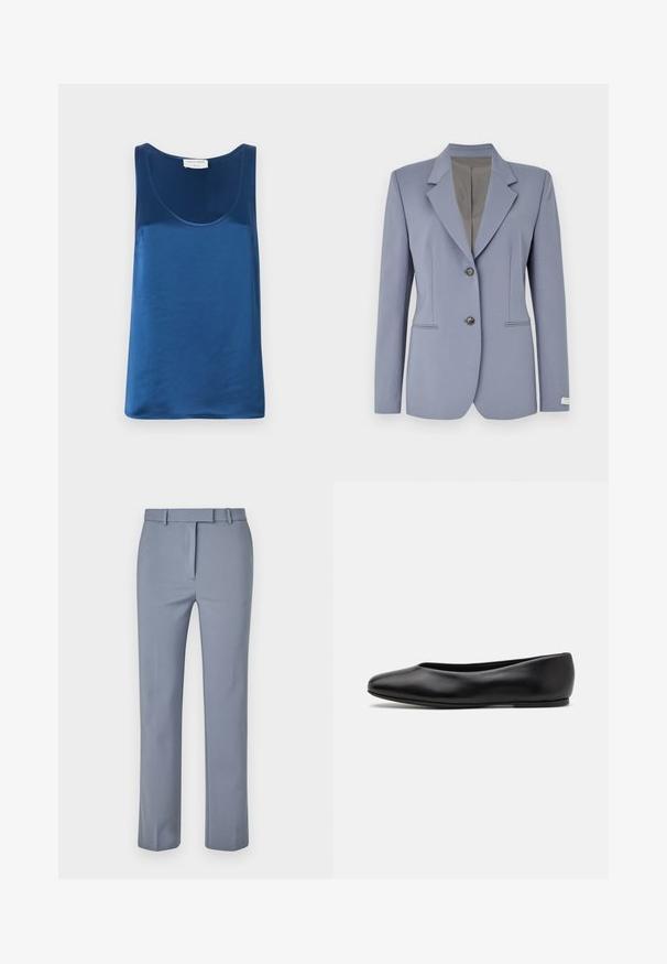 Svetlo modra blazer jakna z žametnim ovratnikom, dvema sprednjima gumboma in subtilnim prugastim detajli. Narejena iz gladkega blaga z dvema stranskima žepoma.; Modra satenska majica brez rokavov z okroglim izrezom in širokimi naramnicami, gladka tekstura in sproščen kroj.; Svetlo modri hlače iz gladkega blaga, z ravnim prednjim delom, pasom za pas in prilagojenim krojem s ravnimi nogavicami.; Paul Smith TOPANGA - Balerinke - black