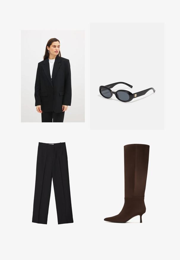 Blazer noir avec une coupe ajustée, fermeture à un bouton, revers crantés et deux poches avant. Porté sur un top blanc.; T-shirt blanc à manches courtes en coton. Doté d'un col ras du cou et d'une coupe décontractée. Texture lisse sans motifs ni accents visibles.; Pantalons noir sur mesure avec une coupe droite, présentant des plis doubles, une texture lisse et des détails de couture frontale subtils.; Botte marron montée jusqu'au genou, en matériau lisse, avec un bout pointu et un talon slim et haut. Design sans couture avec des accents minimaux.; Lunettes de soleil ovales noires avec des verres foncés, monture en plastique brillant, branches larges et un petit accent doré d'un côté.