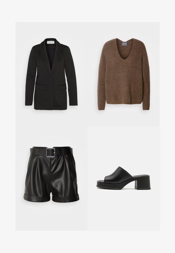 Blazer negro hecho de tela suave, con un cierre de un solo botón, solapas con muesca y dos bolsillos frontales sin adornos.; Suéter marrón de punto con un profundo escote en V. Cuenta con mangas largas y un ajuste relajado. Textura suave y un sutil detalle de marca en el dobladillo.; Pantalones cortos de cuero negro con una cinturilla ancha y una hebilla plateada. Presenta un frente con pliegues y puños enrollados. Textura suave y diseño a medida.; Mules de plataforma de cuero negro con punta abierta redondeada, tacón bajo y textura suave. Diseño minimalista con líneas elegantes.