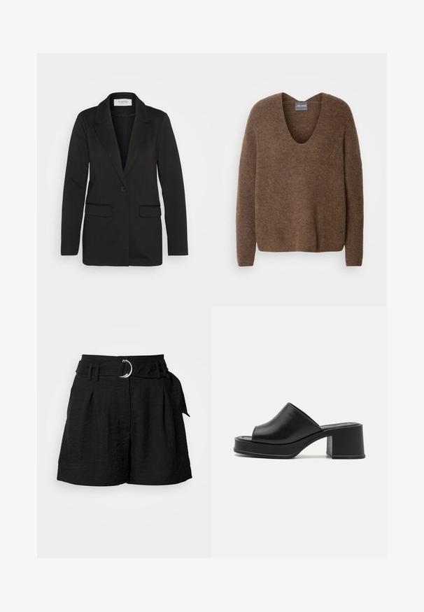 Black blazer made of soft fabric, featuring a single button closure, notched lapels, and two front pockets with no embellishments.; Brown, knitted sweater with a deep V-neck. Features long sleeves and a relaxed fit. Soft texture and subtle branding detail at the hem.; Black shorts made of textured fabric, featuring a belt with a silver circular buckle, pleats at the front, and a tailored cut.; Black leather platform mules with a rounded open toe, low block heel, and smooth texture. Minimalist design with sleek lines.