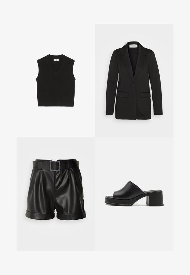 Blazer noir en tissu doux, avec une fermeture à bouton unique, des revers crantés et deux poches avant sans embellissements.; T-shirt sans manches noir en maille avec une texture côtelée, un décolleté en V et une petite étiquette de marque à l'avant.; Shorts en cuir noir avec une large taille et une boucle en métal argenté. Présentent un devant plissé et des manches roulées. Texture lisse et design ajusté.; Mules à plateforme en cuir noir avec un bout ouvert rond, un petit talon carré et une texture lisse. Design minimaliste avec des lignes épurées.