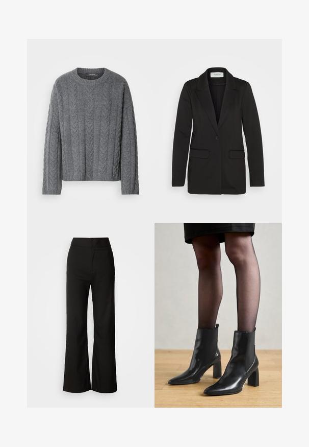 Blazer noir en tissu doux, avec une fermeture à bouton unique, des revers crantés et deux poches avant sans embellissements.; Pull en maille torsadée gris avec des manches longues et un col rond. Présente un motif texturé et un ourlet côtelé, fabriqué dans un matériau doux et chaud.; Pantalons noirs à jambes larges avec une texture lisse, taille haute et un design épuré. Pas de poches visibles ni d'embellissements.; Bottines en cuir noir avec un bout pointu, un talon carré épais et un design élégant. Présente des panneaux latéraux élastiques pour un enfilage facile.