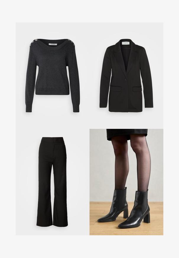 Zwarte blazer van zachte stof, met een enkele knoopsluiting, geknipte revers en twee voorzakken zonder versieringen.; Donkergrijze trui met een brede halslijn, lange mouwen en decoratieve knopen op de schouder. Gemaakt van zachte stof met een gladde textuur.; Zwarte wijde broek met een gladde textuur, hoge taille en een strakke uitstraling. Geen zichtbare zakken of versieringen.; Zwarte leren enkellaarsjes met een spitse neus, stevige vierkante hak en een fraaie uitstraling. Beschikt over elastische zijpanelen voor gemakkelijke aan- en uittrekken.