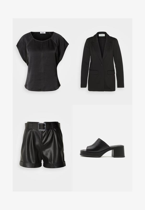 Blazer negro hecho de tela suave, con un cierre de un solo botón, solapas con muesca y dos bolsillos frontales sin adornos.; Top negro de manga corta con un corte relajado, que presenta un escote redondo y costuras en color beige contrastante en la parte frontal y a lo largo de las costuras.; Pantalones cortos de cuero negro con una cinturilla ancha y una hebilla plateada. Presenta un frente con pliegues y puños enrollados. Textura suave y diseño a medida.; Mules de plataforma de cuero negro con punta abierta redondeada, tacón bajo y textura suave. Diseño minimalista con líneas elegantes.