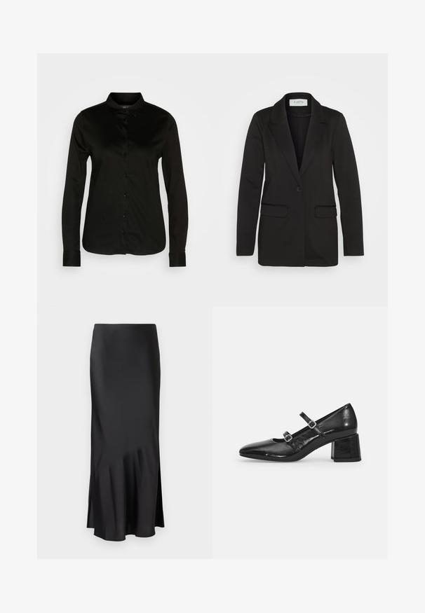 Svart blazer laget av myk stoff, med enkel knappelukking, ikke-reverserte krager og to frontlommer uten dekorelementer.; Svart langermet skjorte med knapper og klassisk krage, laget av glatt stoff, med en rekke svarte knapper og knappefester ved ermene.; Svart sateng midi skjørt med et stilrent design, som har en lett utflaring fra kanten og glidelåsspalte på siden for bevegelsesfrihet. Glatt tekstur.; Sorte lakkert Mary Jane-sko med spiss tå, to justerbare stropper og en chunky blokkhæl. Glatt tekstur og blank overflate.