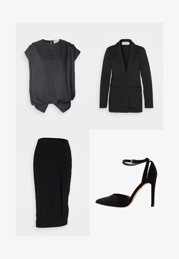 Črn blazer iz mehkega blaga, z enim gumbom, zarezano ovratnikom in dvema sprednjima žepoma brez okrasnih dodatkov.; Črn kratkotrajni top izdelan iz gladkega blaga. Ima okroglo izrez in drapirano zasnovo, z nabiranim robom v rahlo mehurčkasti obliki.; Črna, nabrana svinčnik krilo z detajlom v obliki traku in stranskim razporkom. Narejeno iz raztegljive tkanine, ki se ponaša z gladko teksturo in oblikovanjem, ki se prilega telesu.; Črne suede visoke pete z ostrim nosom, trakovi okoli gležnja in stileto peto. Oblikovanje se ponaša z gladko teksturo in minimalnimi detajli.