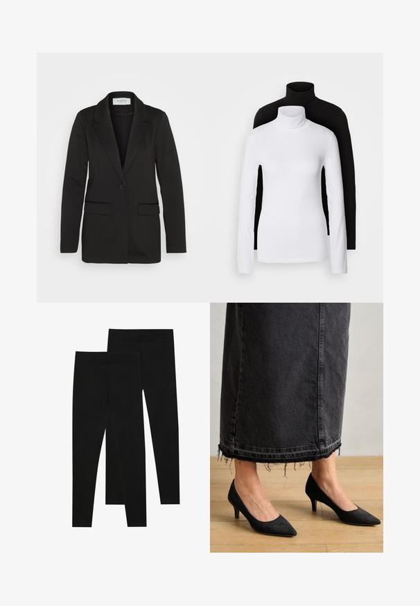 Sacou negru dintr-un material moale, cu închidere cu un singur nasture, rever ascuțit și două buzunare frontale fără broderii.; Două bluze cu mânecă lungă și guler înalt, una albă și una neagră, realizate dintr-un material neted și elastic, ambele având un design slim-fit.; Leggings negre dintr-un material elastic, cu o talie fără cusături și un design slim fit, potrivite pentru îmbrăcăminte casual sau exerciții fizice.; PANTOFI DIN SEMPRE NEGRU CU VÂRF ASCUȚIT ȘI TOC DE 7,5 CM, ASORTAȚI CU O FUSTĂ LUNGĂ DIN DENIM ÎNTUNECAT, CU DETALE DE JARANGĂ LA MARGINE.