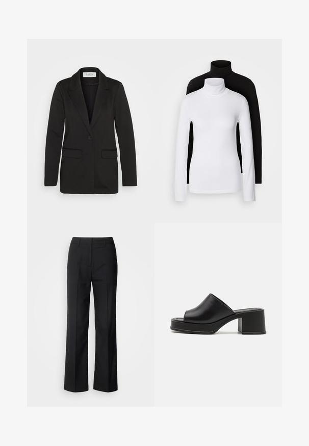 Blazer nero realizzato in tessuto morbido, con chiusura a un bottone, revers a punta e due tasche frontali senza decorazioni.; Due maglie a manica lunga con collo alto, una bianca e una nera, realizzate in un tessuto morbido e elasticizzato, entrambe con un design aderente e colli alti.; Scotch & Soda CORE EDIE - Pantaloni - black; Mule in pelle nera con platfrom, punta aperta arrotondata, tacco basso a blocco e texture liscia. Design minimalista con linee eleganti.