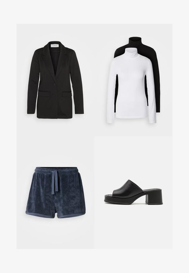 Čierny blazer vyrobený z mäkkej tkaniny, s jedným gombíkom na zatváranie, s výstrihom do písmene V a dvoma prednými vreckami bez ozdôb.; Dvoje dlhých rolákov, jeden biely a jeden čierny, vyrobených z hladkej, elastickej tkaniny, obidva so slim-fit strihom a vysokými goliermi.; Námorníckom modré šortky z froté s elastickým pásom, nastaviteľnou šnúrkou a malým vyšívaným logom na boku. Mäkká textúra.; Čierne kožené platformové mule s okrúhlym otvoreným prstom, nízkym blokovým podpätkom a hladkým povrchom. Minimalistický dizajn s elegantnými líniami.