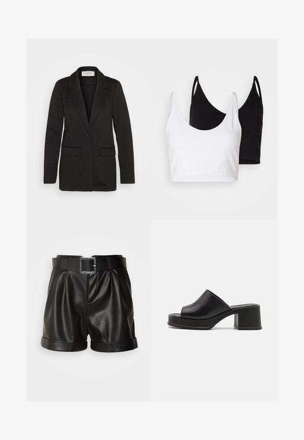 Blazer noir en tissu doux, avec une fermeture à bouton unique, des revers crantés et deux poches avant sans embellissements.; Deux tops courts en coton, l'un blanc et l'autre noir. Chacun a un décolleté plongeant et des fines bretelles, offrant une texture lisse et douce.; Shorts en cuir noir avec une large taille et une boucle en métal argenté. Présentent un devant plissé et des manches roulées. Texture lisse et design ajusté.; Mules à plateforme en cuir noir avec un bout ouvert rond, un petit talon carré et une texture lisse. Design minimaliste avec des lignes épurées.