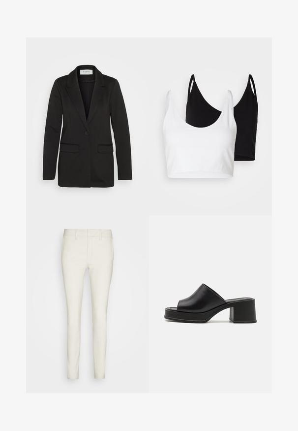 Black blazer made of soft fabric, featuring a single button closure, notched lapels, and two front pockets with no embellishments.; Two cotton crop tops in white and black. Each has a deep neckline and thin shoulder straps, featuring a smooth, soft texture.; Light-colored, slim-fit trousers in a smooth fabric with a flat front, standard pockets, and belt loops. Overall sleek and streamlined design.; Black leather platform mules with a rounded open toe, low block heel, and smooth texture. Minimalist design with sleek lines.