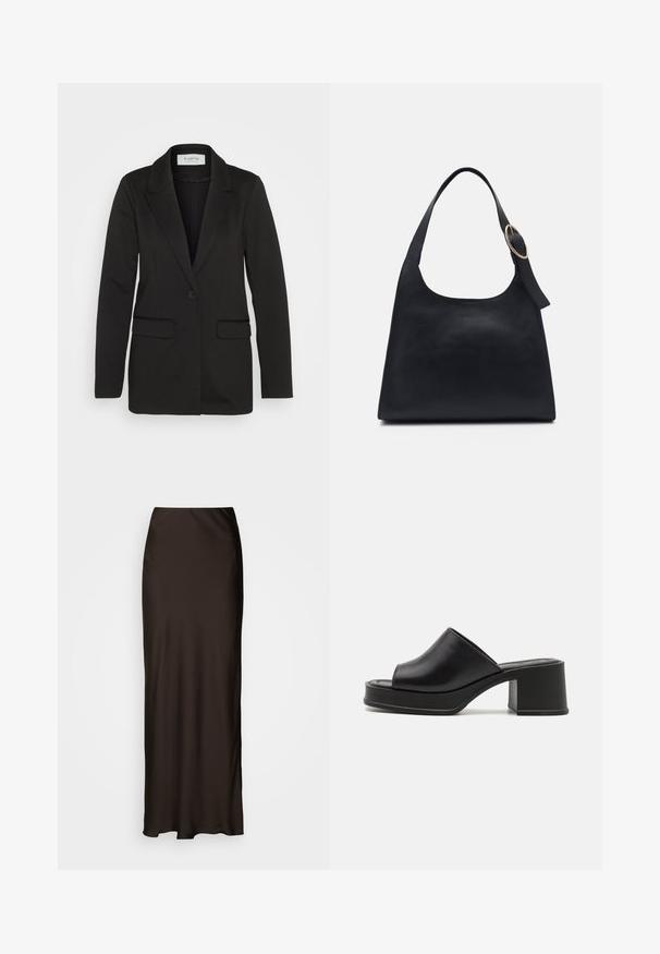 Black blazer made of soft fabric, featuring a single button closure, notched lapels, and two front pockets with no embellishments.; Two short-sleeve turtlenecks stacked, one white with black trim and one black with white trim, made of soft cotton blend material.; Lindex MARY - Maxi skirt - dark brown; Black leather platform mules with a rounded open toe, low block heel, and smooth texture. Minimalist design with sleek lines.; Black leather tote bag with a smooth texture, rounded body, and a single shoulder strap featuring a circular gold hardware accent.