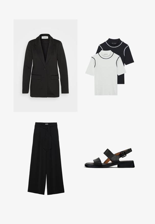 Černý blazer vyrobený z měkké látky, s jedním knoflíkem, klopovým límcem a dvěma předními kapsami bez ozdob.; Dvě krátké roláky naskládané na sobě, jeden bílý s černým lemováním a jeden černý s bílým lemováním, vyrobené z měkké směsi bavlny.; Černé kalhoty s širokými nohavicemi, vyrobené z texturované tkaniny, s elastickým pasem a odnímatelným páskem na úpravu velikosti.; Černé kožené sandály se dvěma vodorovnými pásky a s přezkou na kotníku. Plná, texturovaná podrážka s mírným podpatkem a hladkým povrchem.
