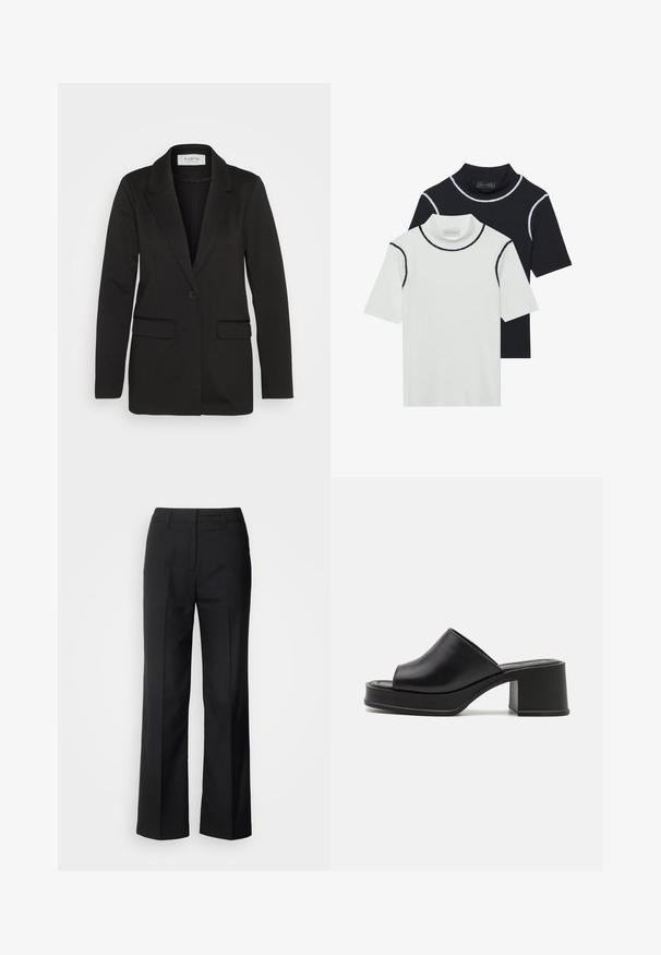 Schwarzer Blazer aus weichem Stoff, mit einem einzelnen Knopfverschluss, mit aufgesetzten Revers und zwei Vorder- Taschen ohne Verzierungen.; Zwei kurzärmelige Rollkragenpullover übereinander gestapelt, einer in Weiß mit schwarzem Saum und einer in Schwarz mit weißem Saum, aus weichem Baumwollmix.; Scotch & Soda CORE EDIE - Stoffhose - black; Schwarze Leder Plattform-Mules mit abgerundeter offener Zehe, niedrigem Blockabsatz und glatter Textur. Minimalistisches Design mit eleganten Linien.