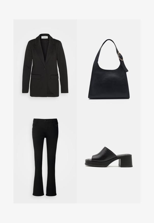 Juodas švarkas pagamintas iš minkštos medžiagos, su vienu mygtuko užsegimu, įpjautais atvartais ir dviem priekinėmis kišenėmis, be dekoratyvinių elementų.; Du dujiniai trumpomis rankovėmis megztiniai, vienas baltas su juodais akcentais, kitas juodas su baltais akcentais, pagaminti iš švelnaus medvilnės ir sintetinių pluoštų mišinio.; Juodos prailgintos džinsinės kelnės, pasiūtos iš džinsinio audinio, turinčios sagčių užsegimą, dvi priekinės kišenes ir užtrauktuko detalę dešinėje kišenėje.; Juodi odiniai platforminiai mulesai su suapvalintu atviru pirštu, žemu blokiniu kulnu ir lygiu paviršiumi. Minimalistinis dizainas su elegantiškomis linijomis.; Juodas odinis rankinės krepšys su lygiu paviršiumi, apvalios formos ir viena petneša, kurioje yra apskritas aukso spalvos akcentas.