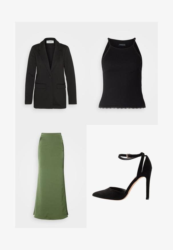 Melnā žakete, kas izgatavota no mīkstas auduma, ar vienu pogu aizdari, iegrieztām atloks un divām priekšējām kabatām bez dekoratīviem elementiem.; Melna ribota topiņa ar izšūtu mežģīņu apdari apakšmalā. Iezīmē plānas siksniņas un pielāgotu piegriezumu. Izgatavota no stiepjama auduma.; Garšs, pieguļošs svārku komplekts olīvzaļā krāsā, izgatavots no gludas auduma. Iezīmē augstu vidukli un nedaudz paplatinātu apakšdaļu.; Melnas zamšādas augstpapēžu kurpes ar pirkstu līdzīgu formu, potītes siksniņu un stiletto papēdi. Dizains raksturojas ar gludu tekstūru un minimālu detalizāciju.