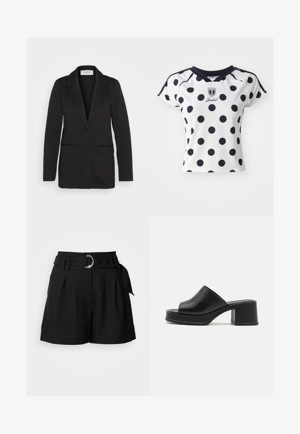 Fekete blézer puha anyagból, egy gombos záródással, hajtókás gallérral és két elülső zsebbel, díszítések nélkül.; Fehér, rövid ujjú ing nagy fekete pöttyökkel, V-nyakkivágással és logós részlettel a mellrészen, sima, rugalmas anyagból készült.; Fekete sort, texturált anyagból, ezüst színű kör alakú csattal ellátott övvel, elöl redőkkel és elegáns szabással.; Fekete bőr platform papucs lekerekített nyitott orral, alacsony blokk sarokkal és sima textúrával. Minimalista dizájn, letisztult vonalakkal.
