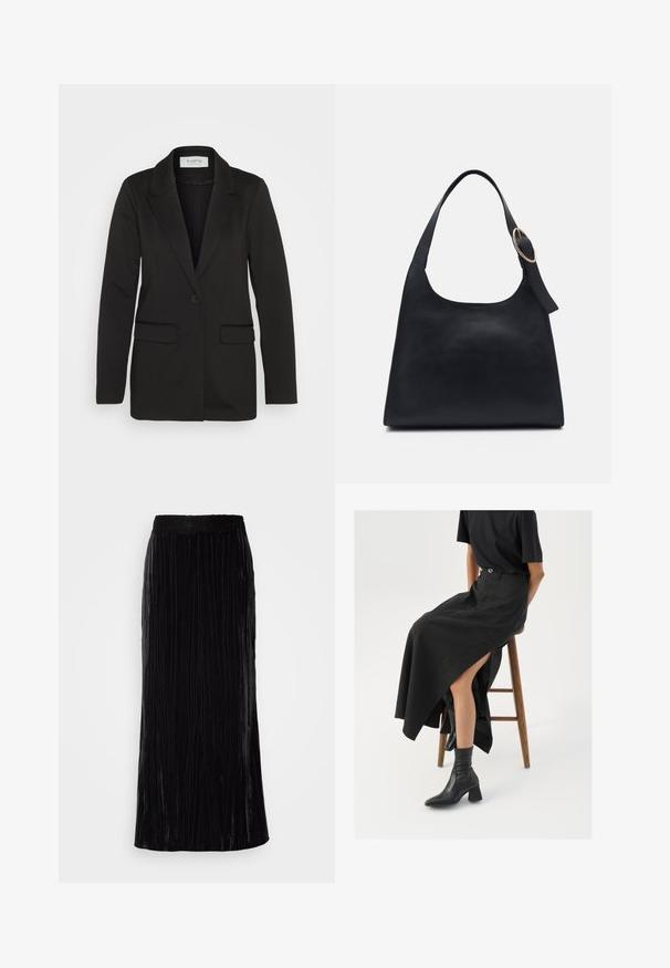 Čierny blazer vyrobený z mäkkej tkaniny, s jedným gombíkom na zatváranie, s výstrihom do písmene V a dvoma prednými vreckami bez ozdôb.; Čierny top bez rukávov vyrobený z rebrovanej tkaniny, s výstrihom do tvaru lode a priliehavým strihom. Hladké švy a žiadne ozdoby. Jednoduchý a elegantný dizajn.; Čierna zamatová maxi sukňa s vertikálnymi plisovaniami a vlnitým krajkovým pásom. Tkanina má jemný, textúrovaný vzhľad.; Čierna ľanová maxi sukňa s vysokým rozparkom, nosená s čiernym tričkom a čiernymi členkovými čižmami. Minimalistický dizajn s voľným strihom.; Čierna kožená taška cez rameno s hladkou textúrou, okrúhlym telom a jedným ramenným popruhom zdobeným okrúhlou zlatou kovovou dekoráciou.