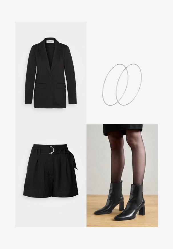 Schwarzer Blazer aus weichem Stoff, mit einem einzelnen Knopfverschluss, mit aufgesetzten Revers und zwei Vorder- Taschen ohne Verzierungen.; Even&Odd Petite 2 PACK - Top - light grey/black; Schwarze Shorts aus strukturiertem Stoff, mit einem Gürtel mit einer silbernen runden Schnalle, Falten an der Vorderseite und einer taillierten Passform.; Schwarze Leder-Ankle-Boots mit spitzer Zehenform, klobigem quadratischem Absatz und schlankem Design. Verfügt über elastische seitliche Einsätze für leichtes An- und Ausziehen.; Silberne Creolen mit minimalistischem Design. Rundform, glatte Oberfläche und dünnes Profil. Leichtgewichtig mit hochglänzender Oberfläche.