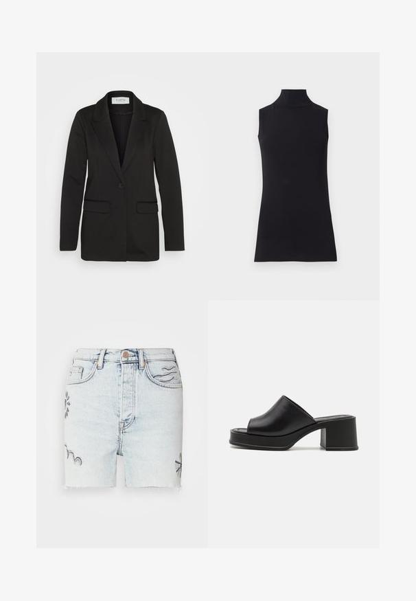 Čierny blazer vyrobený z mäkkej tkaniny, s jedným gombíkom na zatváranie, s výstrihom do písmene V a dvoma prednými vreckami bez ozdôb.; Čierny bezramienkový rolák z hladkej látky. Priliehavý strih s vysokým golierom a rovnými zakončeniami, minimalistický a v jednoliatej farbe.; Svetlosivá denimové šortky majú roztrhnuté okraje, vyšívané kvetinové vzory v modrej farbe a tradičný štýl s piatimi vreckami a kovovým zapínaním.; Čierne kožené platformové mule s okrúhlym otvoreným prstom, nízkym blokovým podpätkom a hladkým povrchom. Minimalistický dizajn s elegantnými líniami.