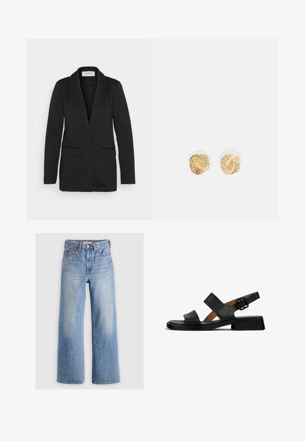Fekete blézer puha anyagból, egy gombos záródással, hajtókás gallérral és két elülső zsebbel, díszítések nélkül.; Fehér trikó V-nyakkivágással, finom csipke díszítéssel, vékony, állítható pántokkal és puha, sima anyagból.; Világoskék farmer, széles szárú nadrág magas derékkal, kopott területekkel, öt zsebbel és kontrasztos varrással. Klasszikus gombos és cipzáras záródás.; Fekete bőr szandál két vízszintes pánttal és csatolt bokapánttal. Lapos, texturált talp, enyhe sarokkal és sima felülettel.; Arany örvény fülbevalók átlátszó hátlappal, arany textúrával díszítve és kis átlátszó drágakövekkel beágyazva a mintába.