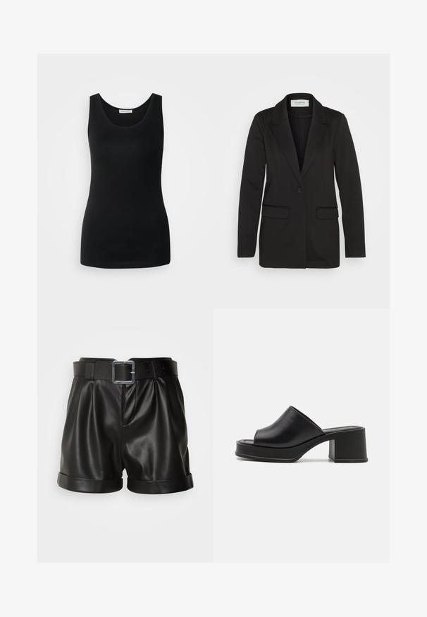 Sort blazer lavet af blødt stof, der har en enkelt knaplukning, spidse revers og to frontlommer uden udsmykning.; Sort ærmeløs tanktop, lavet af glat stof, har en klassisk rund halsudskæring og en tætsiddende design. Ingen mønstre eller detaljer.; Sorte lædershorts med en bred talje og en sølvspænde. Har plisseret front og opsmøgede manchetter. Glat tekstur og skræddersyet design.; Sorte læder platform sandals med rund åben tå, lav blokhæl og glat tekstur. Minimalistisk design med elegante linjer.
