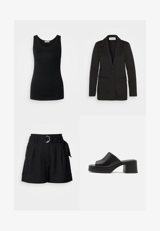 Zwarte blazer van zachte stof, met een enkele knoopsluiting, geknipte revers en twee voorzakken zonder versieringen.; Zwarte mouwloze tanktop, gemaakt van gladde stof, heeft een klassieke ronde halslijn en een getailleerd ontwerp. Geen patronen of accenten.; Zwarte shorts van gestructureerde stof, voorzien van een riem met een zilveren ronde gesp, plooien aan de voorkant en een gepaste snit.; Zwarte leren platform mules met een afgeronde open teen, lage blokhak en een gladde textuur. Minimalistisch ontwerp met strakke lijnen.