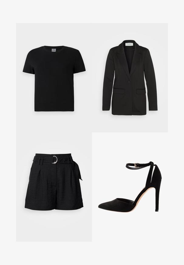 Black blazer made of soft fabric, featuring a single button closure, notched lapels, and two front pockets with no embellishments.; Black cotton t-shirt with a crew neckline and short sleeves. Simple design, no patterns or accents, with a straight cut at the waist.; Black shorts made of textured fabric, featuring a belt with a silver circular buckle, pleats at the front, and a tailored cut.; Black suede high heels with a pointed toe, ankle strap, and a stiletto heel. The design features a smooth texture with minimal detailing.