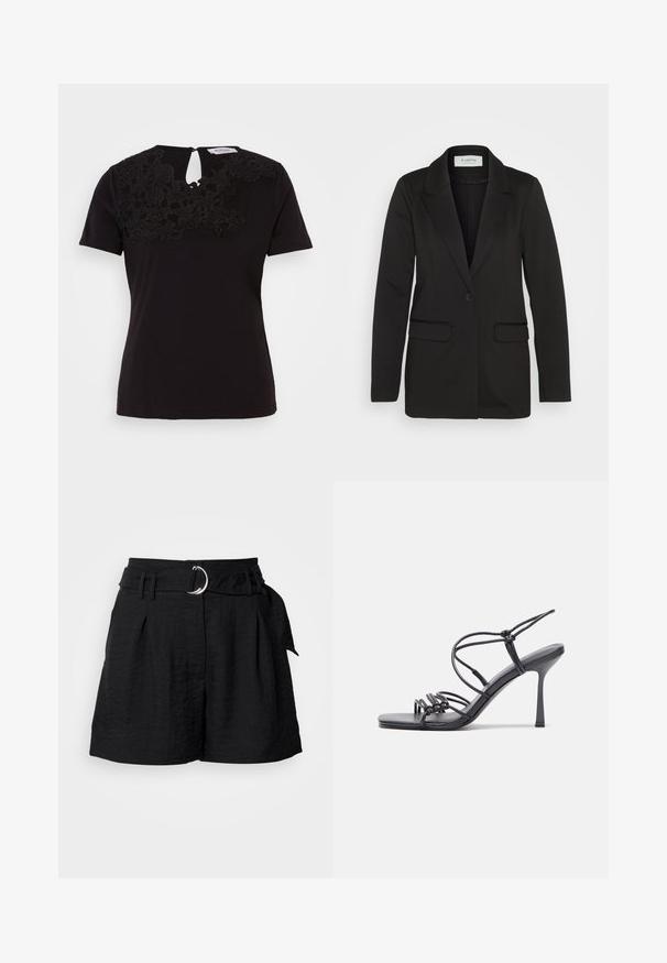 Blazer nero realizzato in tessuto morbido, con chiusura a un bottone, revers a punta e due tasche frontali senza decorazioni.; T-shirt nero a maniche corte con dettagli in pizzo floreale sul colletto e apertura a occhiello sul retro. Materiale in cotone morbido.; Pantaloni neri realizzati in tessuto testurizzato, dotati di una cintura con una fibbia circolare in argento, pieghe sul davanti e un taglio sartoriale.; Sandali neri con tacco alto presentano sottili cinturini con design annodato, una punta quadrata liscia e un elegante tacco a spillo.