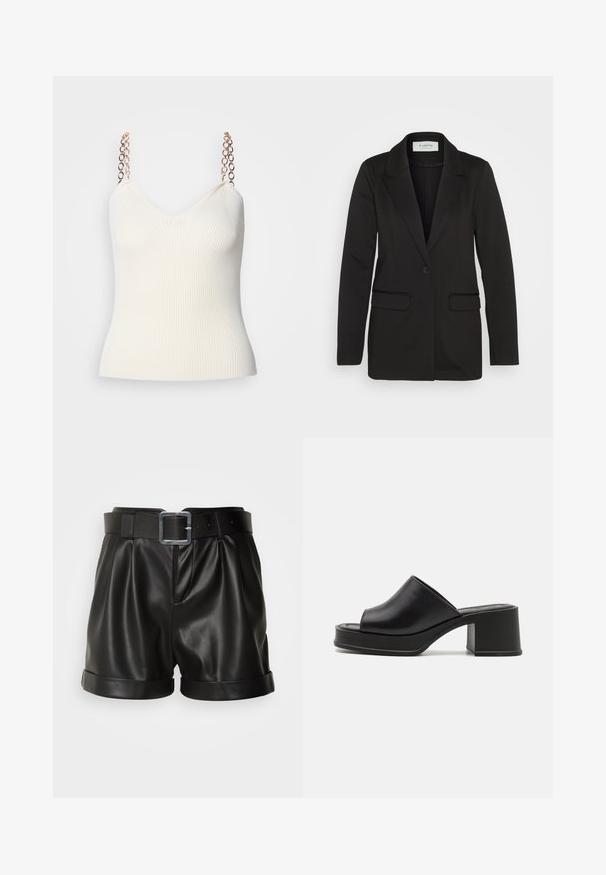 Blazer nero realizzato in tessuto morbido, con chiusura a un bottone, revers a punta e due tasche frontali senza decorazioni.; Morgan MUSTO - Top - ivoire; Pantaloni corti in pelle nera con una ampia cintura e una fibbia d'argento. Presentano una parte anteriore plissettata e risvolti arrotolati. Texture liscia e design sartoriale.; Mule in pelle nera con platfrom, punta aperta arrotondata, tacco basso a blocco e texture liscia. Design minimalista con linee eleganti.