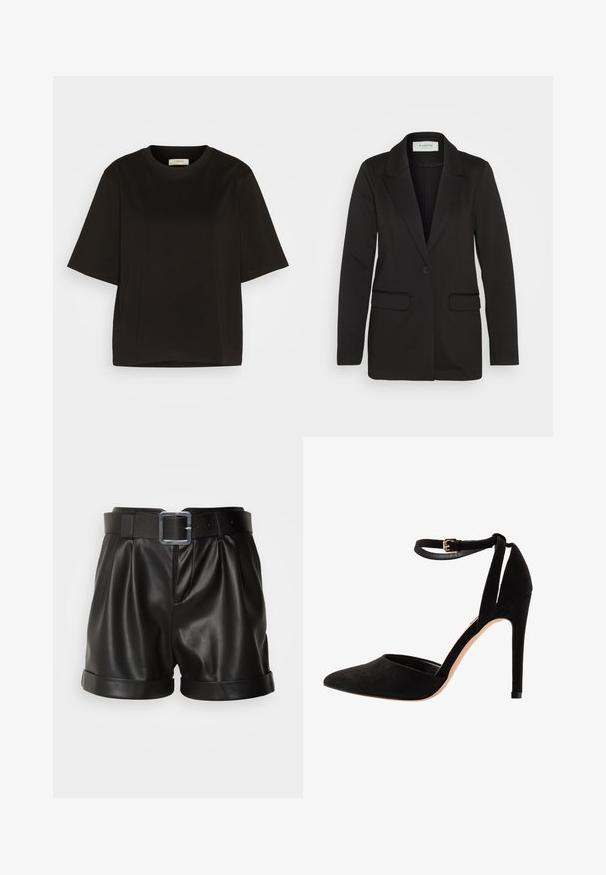 Blazer negro hecho de tela suave, con un cierre de un solo botón, solapas con muesca y dos bolsillos frontales sin adornos.; Lindex LOLA - Camiseta básica - black; Pantalones cortos de cuero negro con una cinturilla ancha y una hebilla plateada. Presenta un frente con pliegues y puños enrollados. Textura suave y diseño a medida.; Zapatos de tacón alto de ante negro con punta afilada, correa en el tobillo y tacón de aguja. El diseño presenta una textura suave con un detalle mínimo.