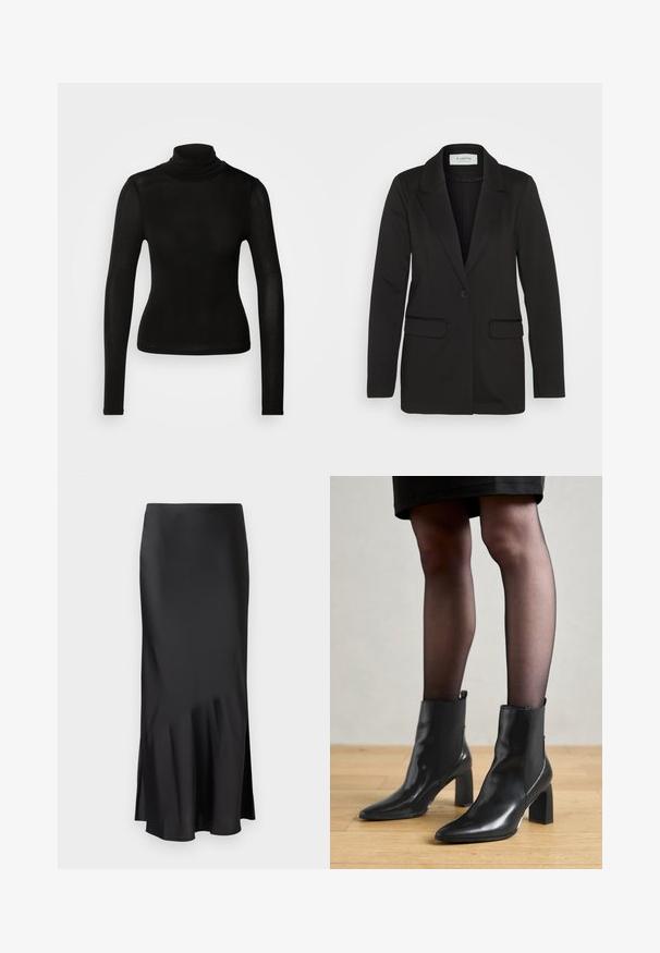 Crni sako od mekog materijala, s jednim gumbom za zatvaranje, nazubljenim reverima i dva prednja džepa bez ukrasa.; Crna turtleneck majica izrađena od laganog, rastezljivog materijala. Ima duge rukave i prilagođeni oblik bez vidljivih šavova.; Crna satenska midi suknja s elegantnim dizajnom, koja ima lagani izrez na rubu i bočni prorez za lakše kretanje. Glatka tekstura.; Crne kožne gležnjače s šiljastim vrhom, robusnim četvrtastim potplatom i elegantnim dizajnom. Imaju elastične bočne panele za jednostavno oblačenje.