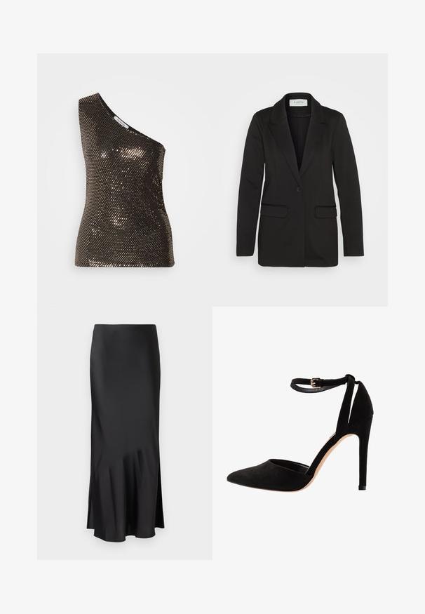 Blazer negro hecho de tela suave, con un cierre de un solo botón, solapas con muesca y dos bolsillos frontales sin adornos.; Top negro con lentejuelas, de un solo hombro, que presenta una silueta ajustada y una textura brillante, captando la luz con lentejuelas de tonos dorados variados.; Falda midi de satén negro con un diseño elegante, que presenta un ligero vuelo en el dobladillo y una abertura lateral para facilitar el movimiento. Textura suave.; Zapatos de tacón alto de ante negro con punta afilada, correa en el tobillo y tacón de aguja. El diseño presenta una textura suave con un detalle mínimo.
