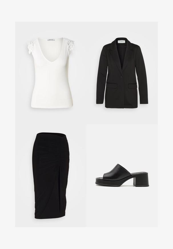 Mustikasest pehmest kangast bleiser, millel on üks nööp ja sälkadega krae, ning kaks eesmist taskut ilma kaunistusteta.; Valge ribaga särk V-kaelusega ja lillelise pitsiga kaenlaaugudel. Sile tekstuur, kehakujuline disain. Brändi silt nähtav seest.; Mustast, rikutud pliiatsiseelik sidumisdetailiga ja küljes lahtise lõhenemisega. Valmistatud venivast kangast, millel on sile tekstuur ja keha lähedane lõige.; Mustast nahast platvormi mulli, ümar avatud varvas, madal plokktald ja sile tekstuur. Minimalistlik disain koos sujuvate joontega.