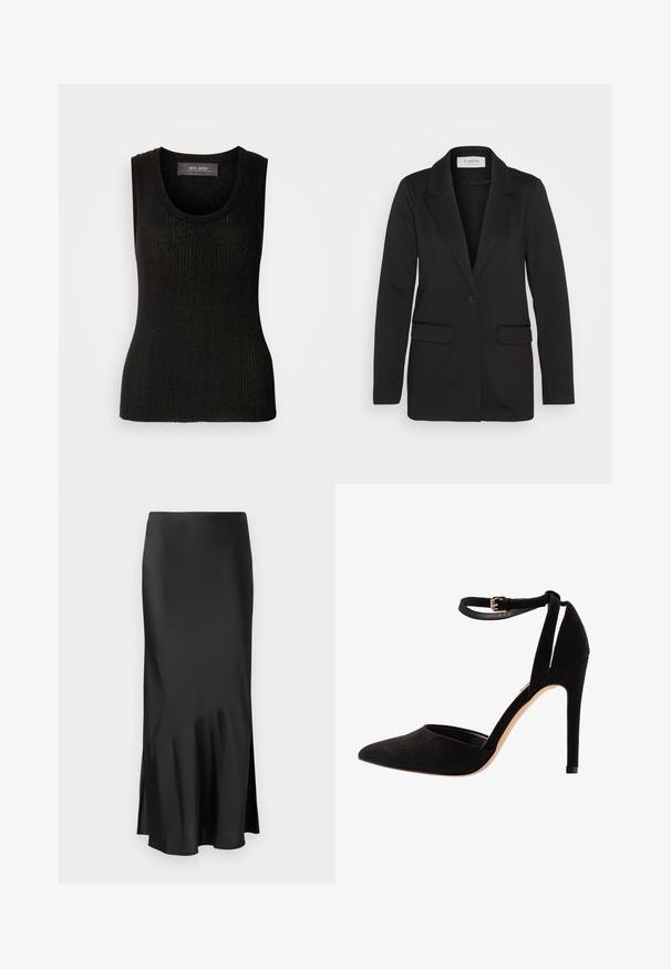 Čierny blazer vyrobený z mäkkej tkaniny, s jedným gombíkom na zatváranie, s výstrihom do písmene V a dvoma prednými vreckami bez ozdôb.; Mos Mosh RELENA IMANJA TANK - Top - black; Čierna saténová midi sukňa s elegantným dizajnom, so slabým rozšírením na okraji a bočným rozparkom pre pohodlie pri pohybe. Hladká textúra.; Čierne zamatové lodičky s špicatou špičkou, remienkom okolo členku a stiletto podpätkom. Dizajn sa vyznačuje hladkou textúrou s minimálnymi detailmi.