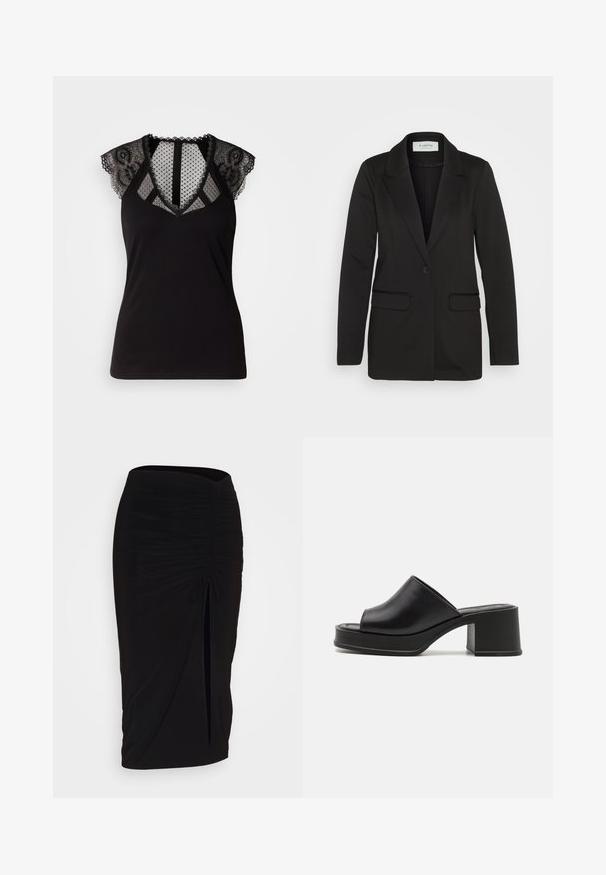 Sacou negru dintr-un material moale, cu închidere cu un singur nasture, rever ascuțit și două buzunare frontale fără broderii.; Top negru fără mâneci, cu accente din dantelă pe umeri și un panou din plasă transparentă cu buline la gât și pe spate.; Fustă creion neagră, plisată, cu detalii cu fundă și o fanta laterală. Fabricată dintr-un material elastic, cu o textură netedă și un design care se mulează pe corp.; Mule-uri negre din piele cu platformă, cu vârf rotund și deschis, toc mic și bloc, și textură netedă. Design minimalist cu linii elegante.