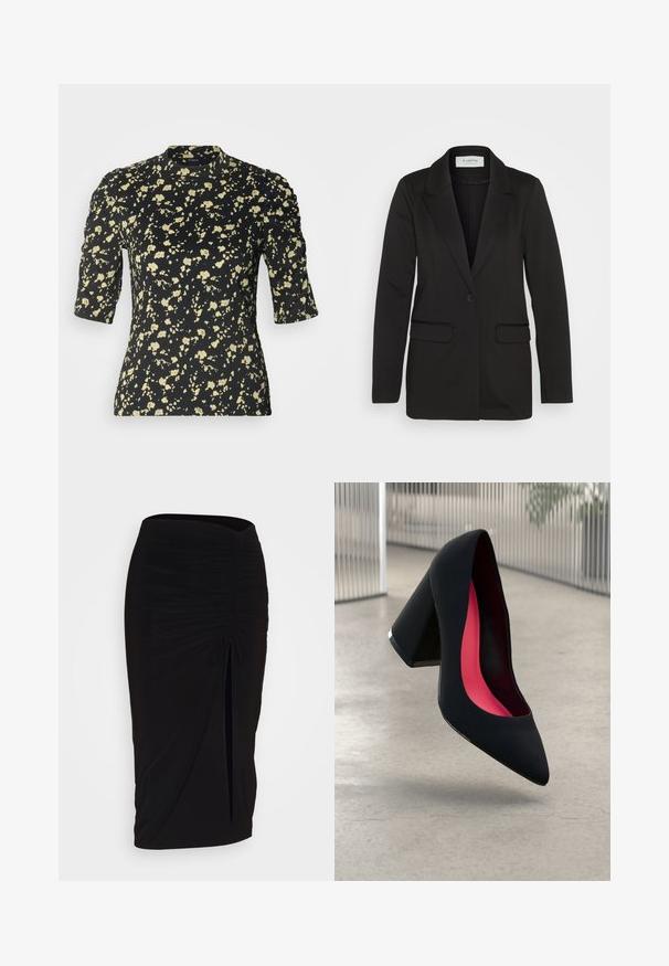 Musta bleiseri, joka on valmistettu pehmeästä kankaasta. Siinä on yksi nappi kiinnitys, viistot kaulukset ja kaksi etutaskua ilman koristeita.; Lindex LORELAI - Printtipaita - off black; Musta, rypytetty kynähame, jossa on solmuseikkaus ja sivurako. Valmistettu joustavasta kankaasta, joka tarjoaa sileän pinnan ja vartaloon kiinnittyvän muodon.; Musta korkokenkä, jossa on terävä kärki, teksturoitu pinta ja kirkkaan vaaleanpunainen sisus. Varustettu tukevalla kannalla, jossa on hopeinen yksityiskohta.