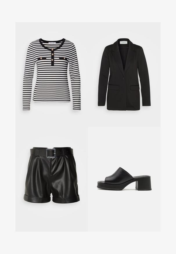 Sort blazer lavet af blødt stof, der har en enkelt knaplukning, spidse revers og to frontlommer uden udsmykning.; Langærmet stribet blouse i sort og hvid med rund halsudskæring, der har en knaplukning og to sorte brystlommer.; Sorte lædershorts med en bred talje og en sølvspænde. Har plisseret front og opsmøgede manchetter. Glat tekstur og skræddersyet design.; Sorte læder platform sandals med rund åben tå, lav blokhæl og glat tekstur. Minimalistisk design med elegante linjer.