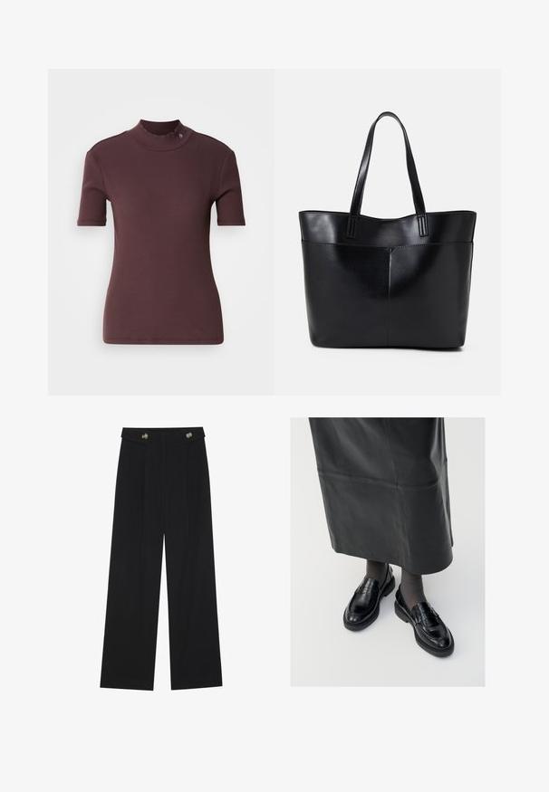 Zwarte blazer van zachte stof, met een enkele knoopsluiting, geknipte revers en twee voorzakken zonder versieringen.; Bordeaux ribbel short-sleeve top met een hoge nek, een gladde textuur en een subtiele logo-detail bij de kraag.; Zwarte wijde broek met hoge taille, knoopdetails op de tailleband en plooien aan de voorkant.; Zwarte leren loafers met een gladde afwerking, voorzien van een decoratieve band, ronde neus en gestructureerde zool. Draagt met een lange zwarte leren rok.; Zwarte leren tote bag met twee lange handvatten, een zachte textuur en een gestructureerde vorm. Voorzien van een voorvak voor extra opslagruimte.