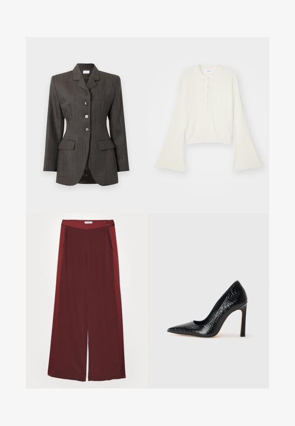 Tamsiai pilkas striukė su smulkaus dryžių raštu, trys priekiniai mygtukai, notch tipo atlapai, dvi kišenės su klostėmis ir viena krūtinės kišenė, pritaikyta figūrai.; Ribotas, kreminės spalvos polo marškinėliai su ilgomis, platėjančiomis rankovėmis ir penkiais sagų užsegimais. Apykaklė turi švelnų tekstūrą.; Bordo plačios kelnės su lygia, minkšta tekstūra, turinčios plokščią juosmenį ir šonines kišenes. Minimalistinis dizainas be matomų detalčių.; Juoda smailiakulnė aukšto kulno bateliai su krokodilo odos tekstūra, pasižymintys elegantišku dizainu, aukštu stiletu kulnu ir lygia juoda vidine dalimi.