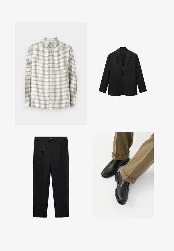 Czarna dopasowana marynarka z klapami, z dwoma guzikami i dwoma przednimi kieszeniami. Wykonana z gładkiego materiału, wyróżniająca się eleganckim, strukturalnym krojem.; Koszula z długim rękawem, zapinana na guziki, w jasnym beżowym kolorze z ciemnoszarym wzorem w kratkę. Posiada kołnierzyk i jedną kieszonkę na piersi. Miękka tekstura materiału.; Czarne spodnie o prostym kroju, z szlufkami na pasek i odpinanym paskiem. Gładki materiał z bocznymi kieszeniami i bez widocznych wzorów lub elementów metalowych.; Czarne skórzane buty wizytowe o gładkim wykończeniu, z sznurówkami i zaokrąglonym noskiem, w połączeniu z podwiniętymi spodniami khaki.