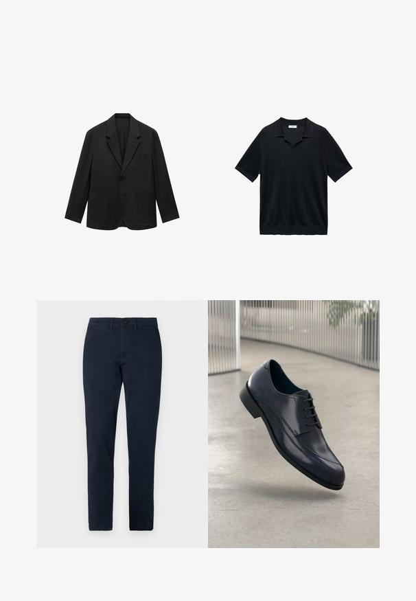 Črn elegantno krojen suknjič z žepniki in odprtimi reverji, z dvema gumboma in dvema sprednjima žepekoma. Narejen iz gladkega materiala, z elegantnim in strukturiranim dizajnom.; Črna polo majica s kratkimi rokavi, ki ima V-izrez, ravni ovratnik in rebrasto teksturo. Material se zdi lahek in gladek.; Temno modri chinos hlače iz bombaža, z ravnim krojem, sprednjimi žepi, zapiranjem na gumb in diskretnimi šivi.; Svetleče črne usnjene čevlje za obleko z vezalkami, ki lebdi nad gladko, svetlo sivo tlemi ter vertikalnimi kovinskimi palicami v ozadju.